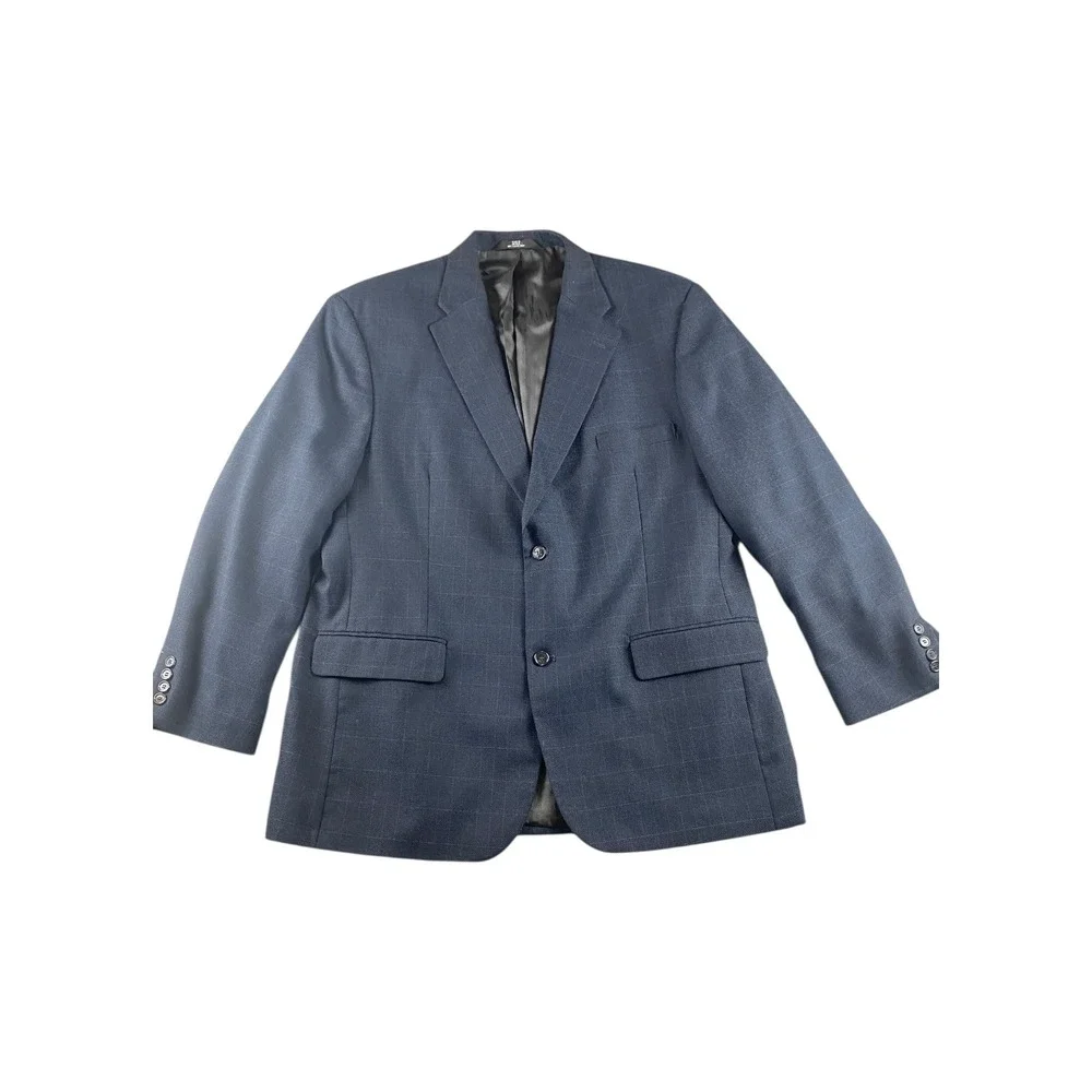 Haggar Collections‎ Mens 46R Navy Blue Plaid Wool Blend Blazer Sport Coat